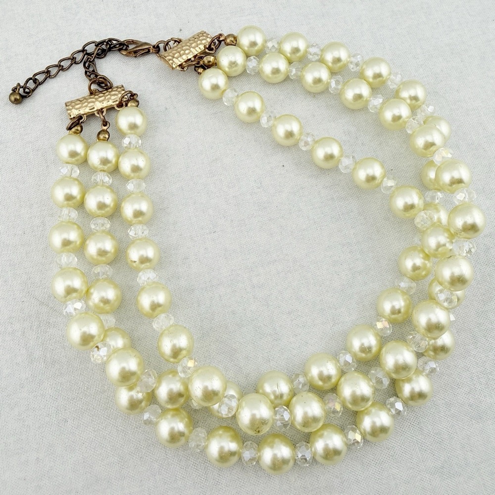 Vintage Multi Strand Faux Pearl AB Crystal Bead Choker Necklace Sparkly Glam 15"
